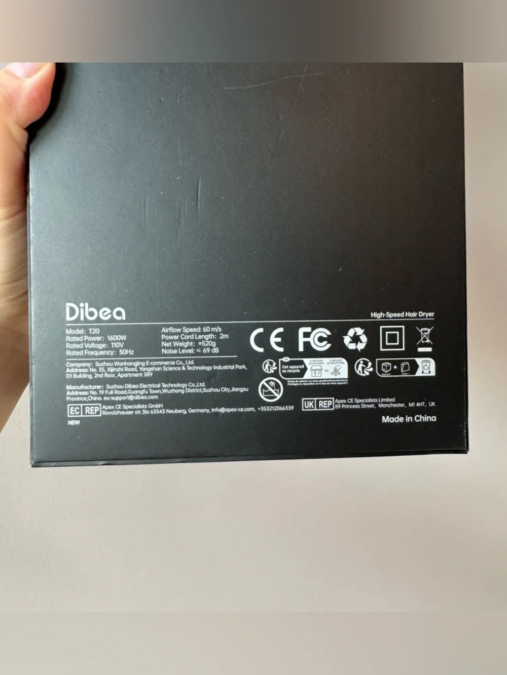 Dibea‎ NEW White T20 Professional Hair Dryer Diffuser 1600W Brushless